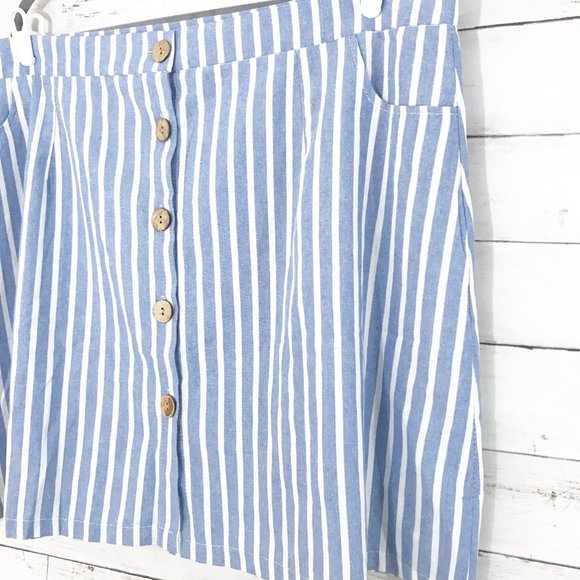 Cotton Blend Blue & White Striped Buttoned Skirt - Picture 2 of 4